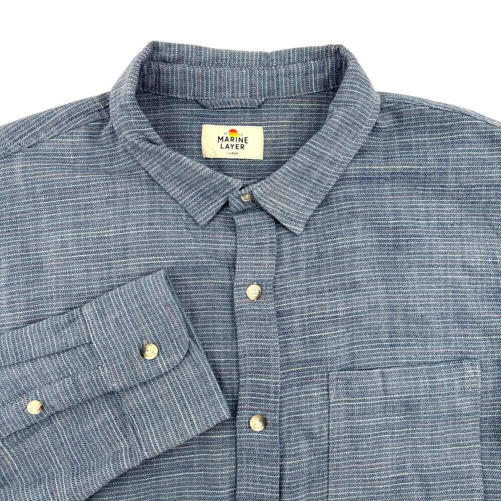 Marine Layer Selvage Classic Fit Stripe Cotton Button-up Blue Shirt - Mens Large